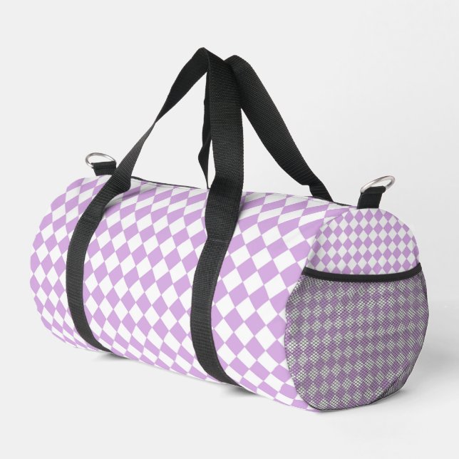 Purple White Chequered Diamond Pattern Small Duffle Bag (Right Corner)