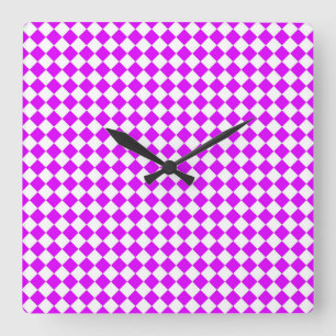 Purple White Chequered Diamond Pattern Square Wall Clock