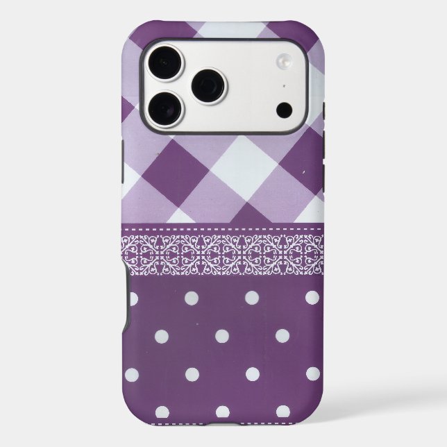 Purple White Chequered Polka Dot Floral Damask Art (Back)