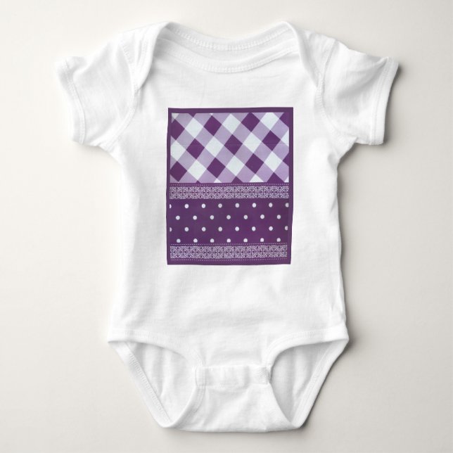 Purple White Chequered Polka Dot Floral Damask Art Baby Bodysuit (Front)