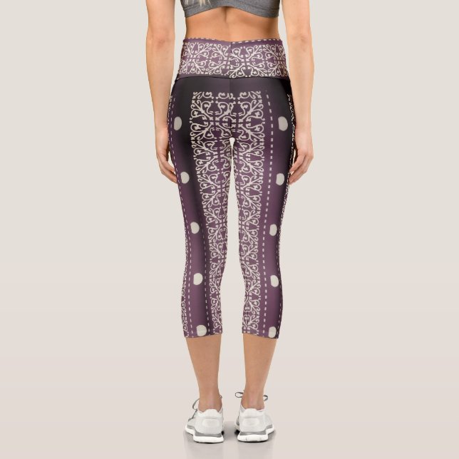 Purple White Chequered Polka Dot Floral Damask Art Capri Leggings (Back)