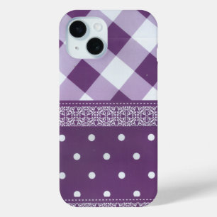 Purple White Chequered Polka Dot Floral Damask Art iPhone 15 Case