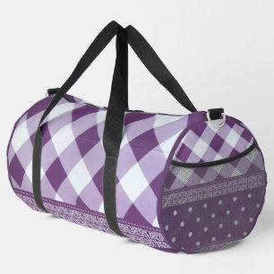 Purple White Chequered Polka Dot Floral Damask Art Duffle Bag