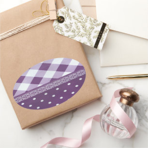 Purple White Chequered Polka Dot Floral Damask Art Oval Sticker