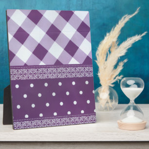 Purple White Chequered Polka Dot Floral Damask Art Plaque