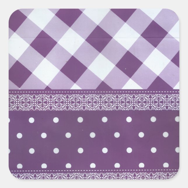 Purple White Chequered Polka Dot Floral Damask Art Square Sticker (Front)