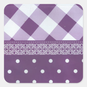 Purple White Chequered Polka Dot Floral Damask Art Square Sticker