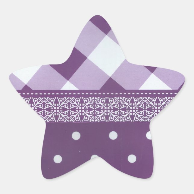 Purple White Chequered Polka Dot Floral Damask Art Star Sticker (Front)