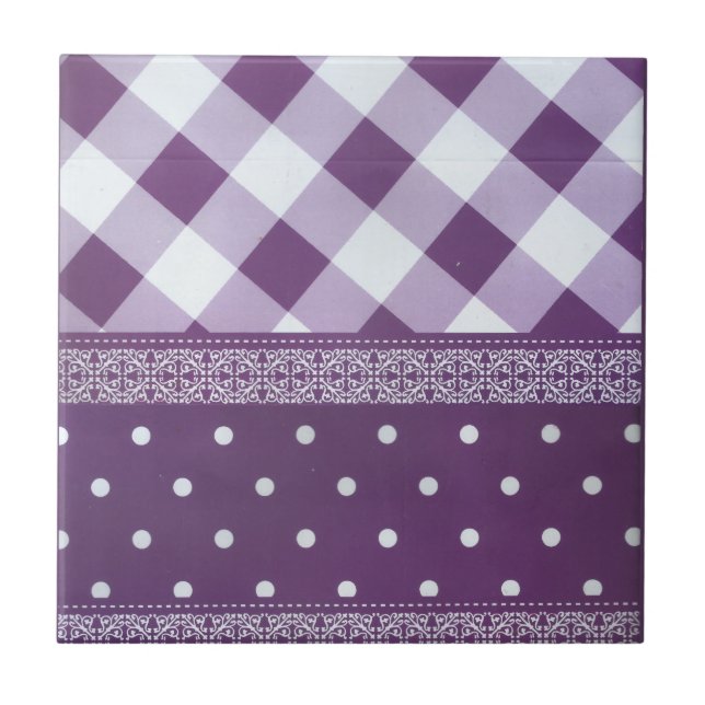 Purple White Chequered Polka Dot Floral Damask Art Tile (Front)