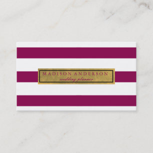 Purple & White Chic Stripes in Gold Business Card