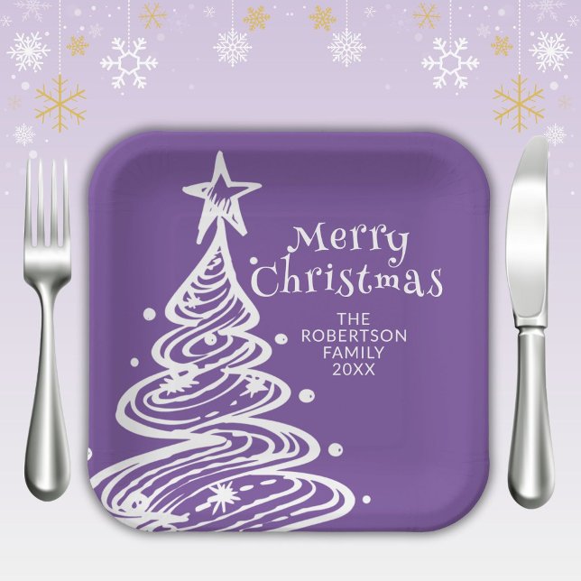 Purple White Christmas Tree Party Paper Plate (Creator Uploaded)