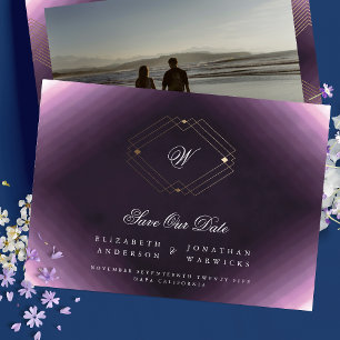purple white classic deco gold monogram photo save the date