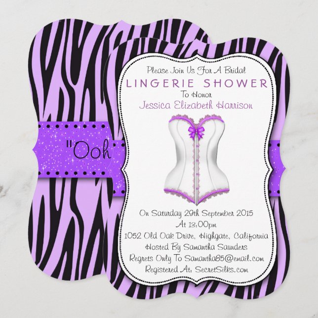 Purple & White Corset Zebra Print Lingerie Shower Invitation (Front/Back)