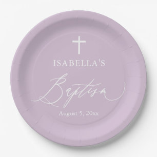 Purple White Cross Girl Baptism Party Plates