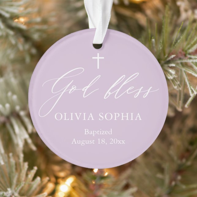 Purple White Cross Girl Photo Baptism Ornament (Tree)