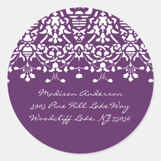 Purple & White Damask Address Label (Front)