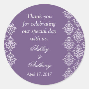 Purple White Damask Arabesque Personalised Wedding Classic Round Sticker
