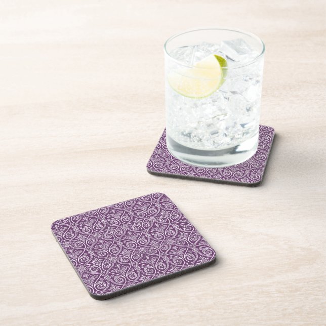 Purple & White Damask Cork Coasters (Right Side)