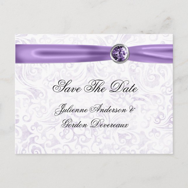 Purple White Damask Ribbon Jewels Save The Date Announcement Postcard (Front)
