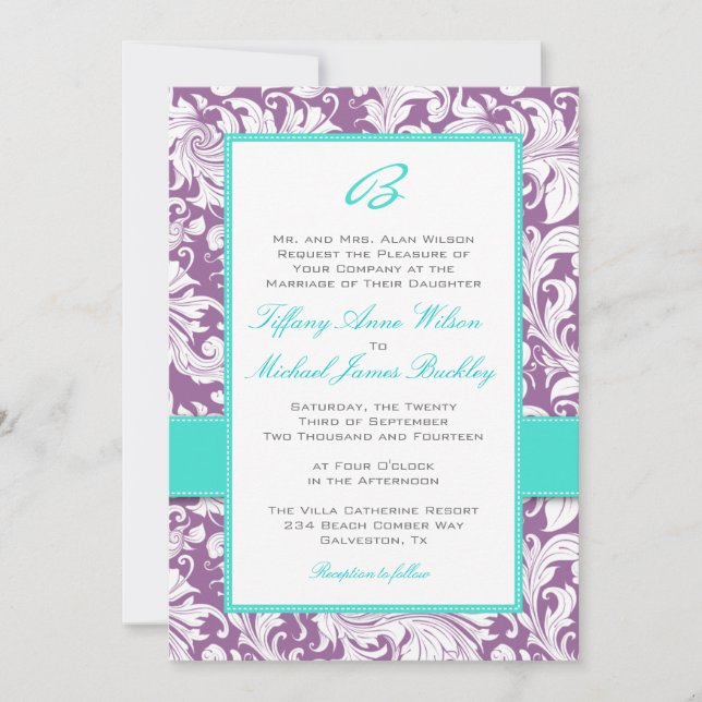 Purple white damask turquoise wedding invitation (Front)