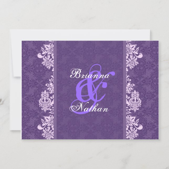 Purple & White Damask Wedding Invitation (Front)