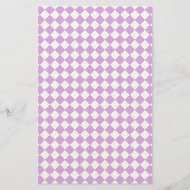 Purple White Diamond Harlequin Checker Pattern Stationery (Front)