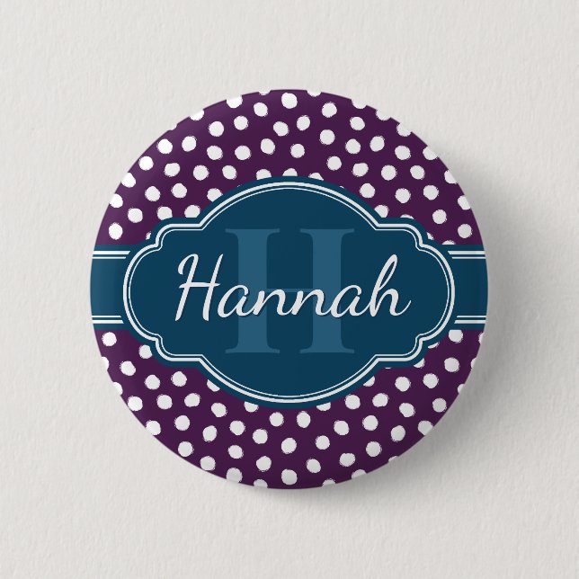 Purple White Dotted Pattern Navy Monogram 6 Cm Round Badge (Front)