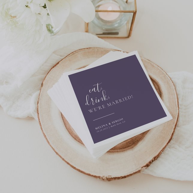 Purple White Eat Drink We're Married Wedding  Napkin (Creator Uploaded)