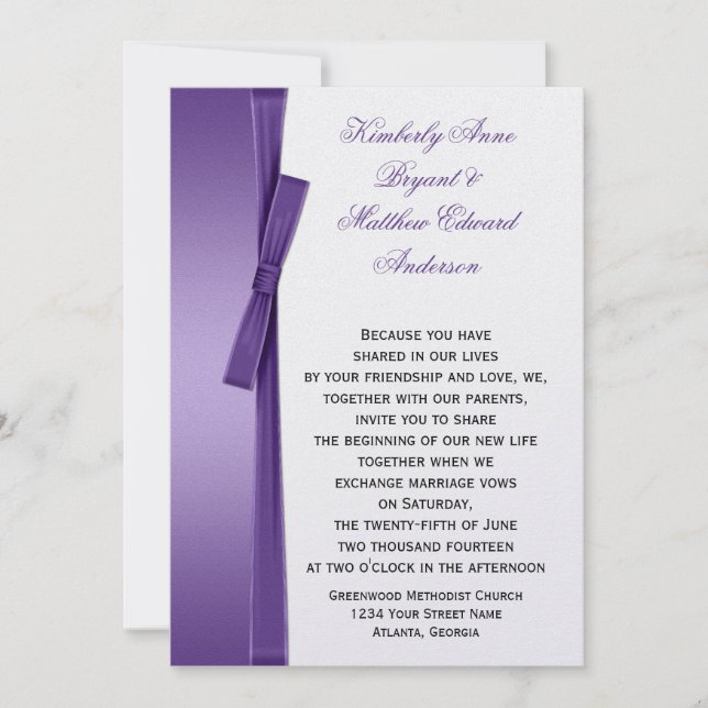 Purple White FAUX Ribbon Bow Wedding Invitation (Front)