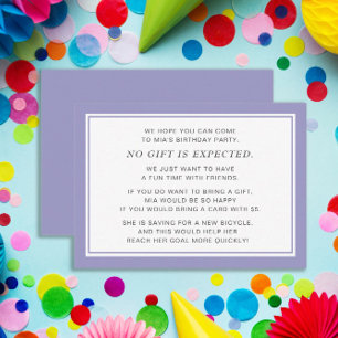 Purple White Fiver 5 Dollar Birthday Party   Enclosure Card