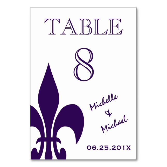 Purple White Fleur de Lis Event Table Marker Card (Front)
