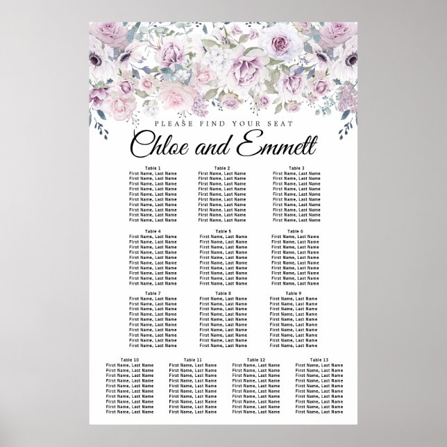 Purple White Floral 13-Table Wedding Seating Chart (Front)