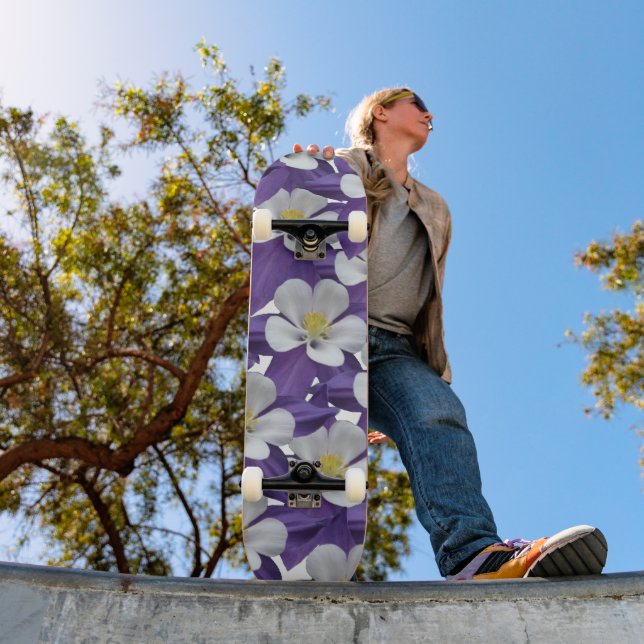 Purple White Floral Columbine Flower Pattern Skateboard (Outdoor 1)