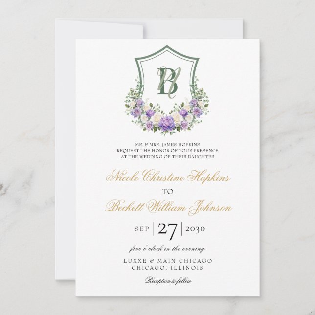 Purple White Floral Crest Wedding Invitation (Front)
