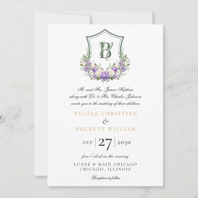 Purple White Floral Crest Wedding Invitation (Front)