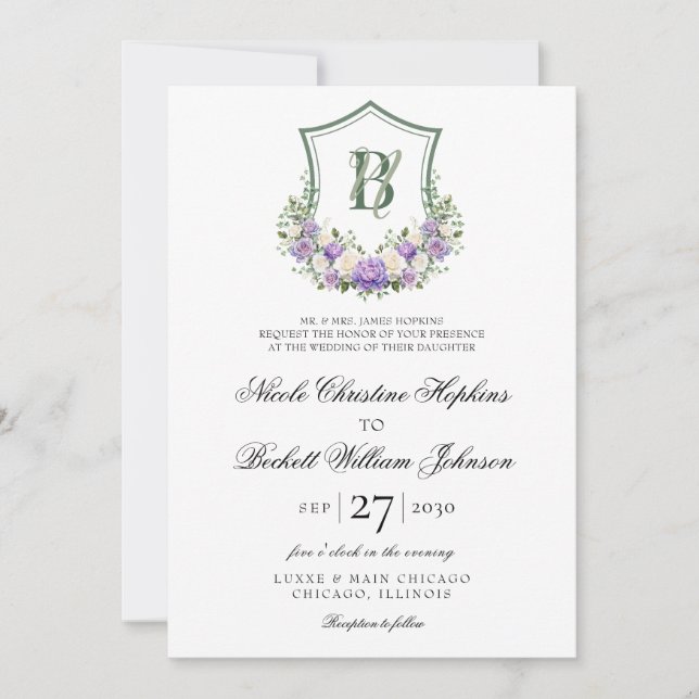 Purple White Floral Crest Wedding Invitation (Front)