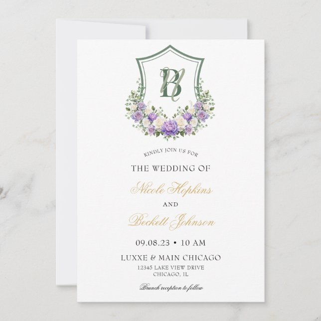 Purple White Floral Crest Wedding Invitation (Front)