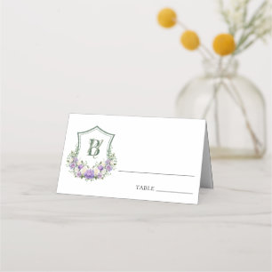 Purple White Floral Crest Wedding Place Card