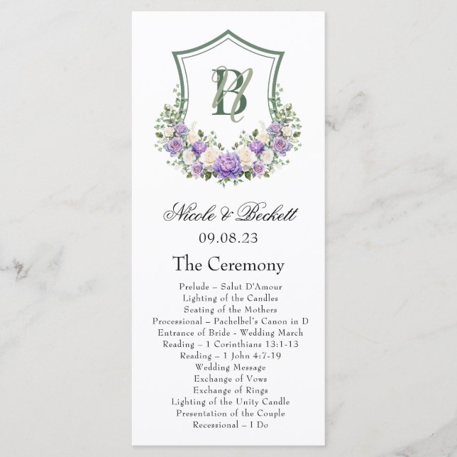 Purple White Floral Crest Wedding Program Programme (Front)