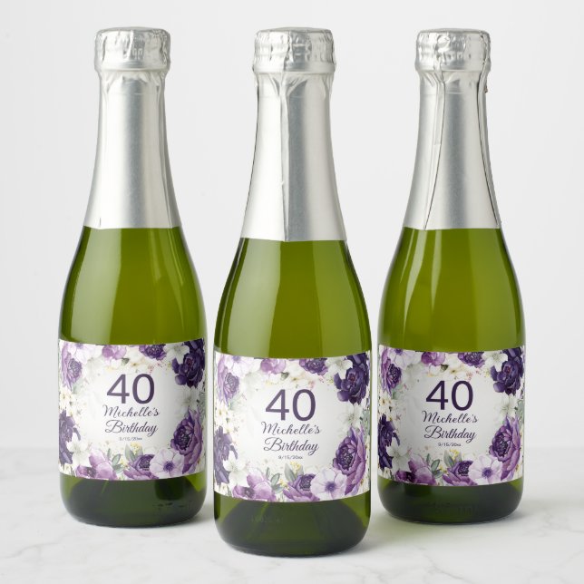 Purple White Floral Glitter 40th Birthday Name Sparkling Wine Label (Bottles)