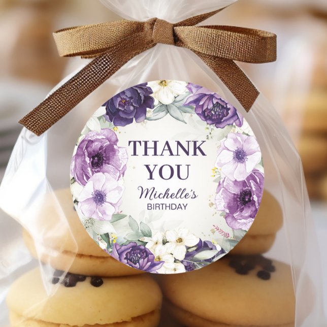 Purple White Floral Glitter Birthday Thank You Classic Round Sticker (Purple floral birthday party "Thank you" stickers closeup)