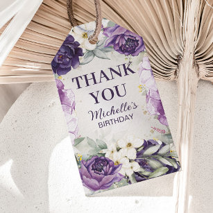 Purple White Floral Glitter Birthday Thank You Gift Tags