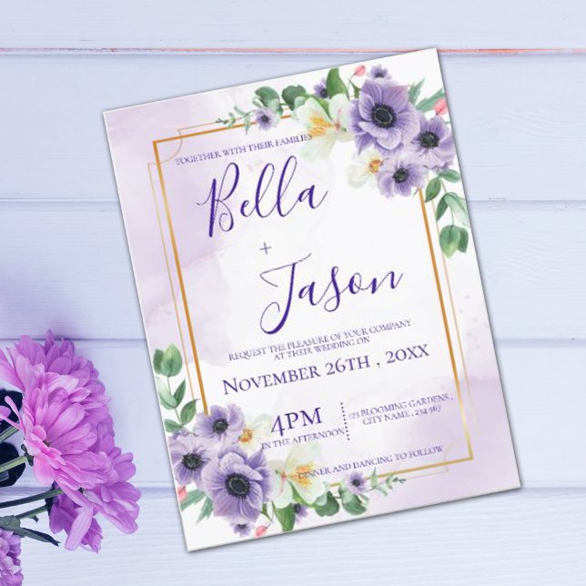 Purple White Floral Gold Frame Wedding Invitation Postcard (Creator Uploaded)