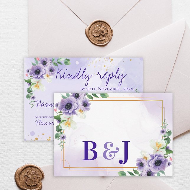 Purple White Floral Gold Frame Wedding Reply By RSVP Card (Purple White Floral Gold Frame Wedding Reply By RSVP Card)