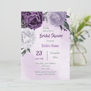purple & white floral greenery bridal shower invitation