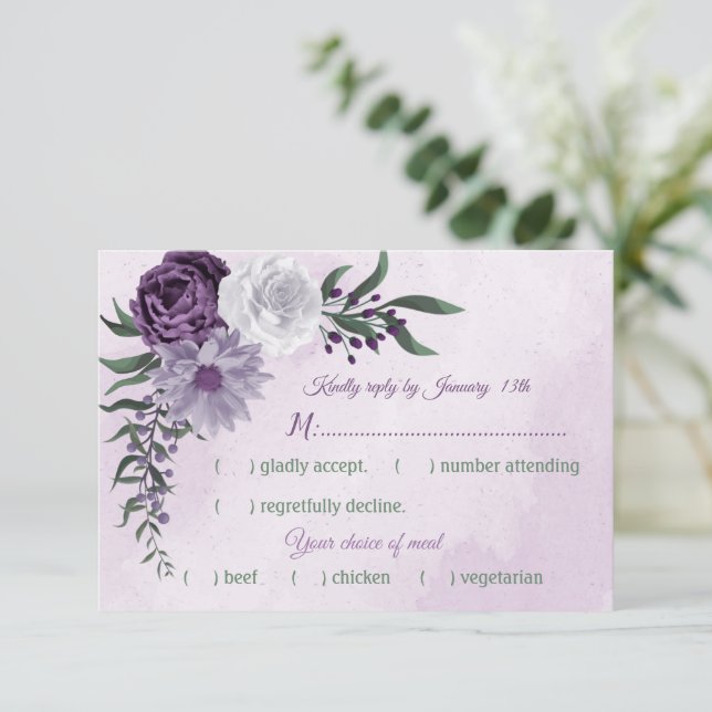 purple & white floral greenery meal choice RSVP card (Standing Front)