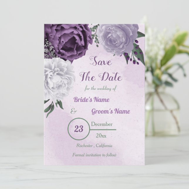 purple & white floral greenery save the date (Standing Front)