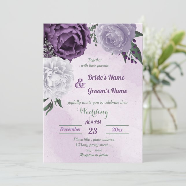 purple & white floral greenery wedding invitation (Standing Front)