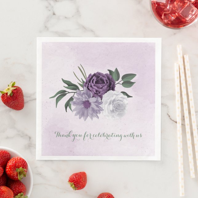 purple & white floral greenery wedding napkin (Insitu)