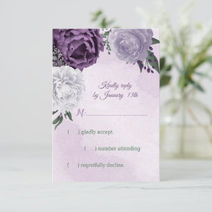 purple & white floral greenery wedding RSVP card